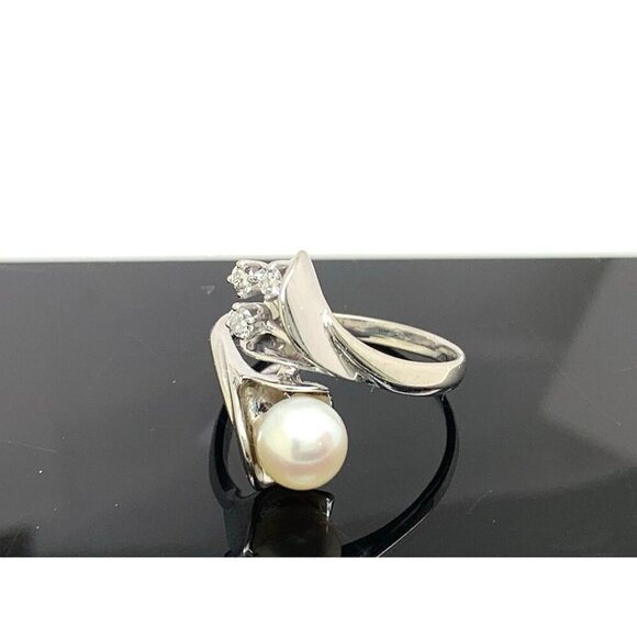 White Pearl 7mm Diamond Cocktail Ring 14k White Gold Estate Women\'s Size 8.25